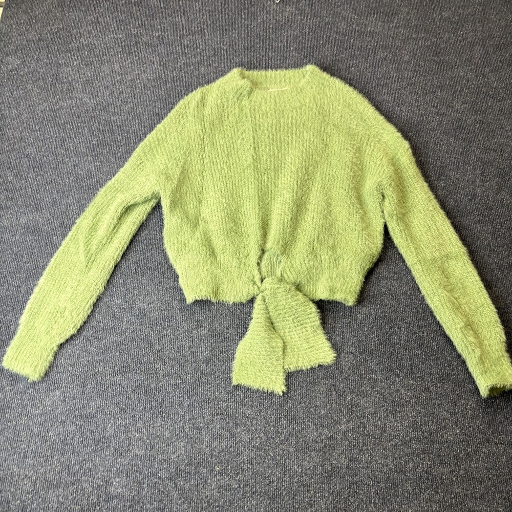 Princess Polly Womens L/XL Green Fuzzy Tie Front Wrap Cropped Knit Sweater
